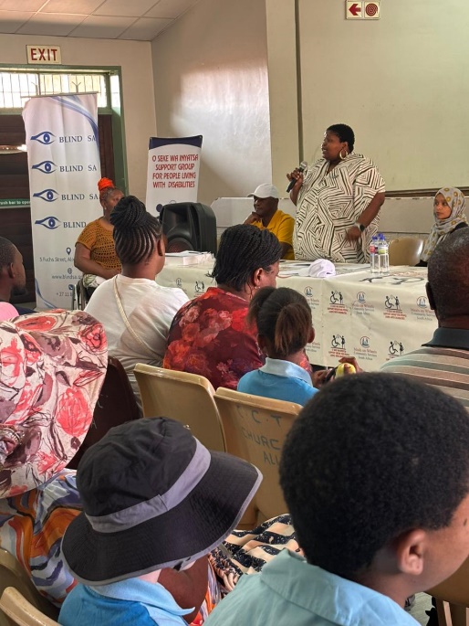 Blind SA Finance Manager Refiloe Maake addressing attendees.