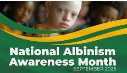 Image of an Albino girl on green and yellow poster titled-National Albinism Awareness Month- September 2025