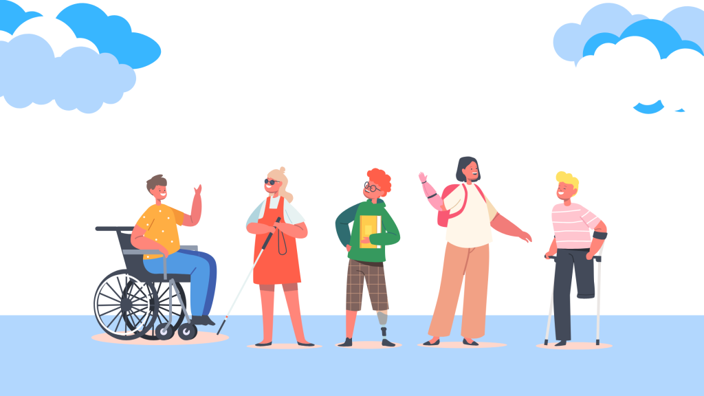 Illustration of five smiling, diverse people with various disabilities, including a man in a wheelchair, a woman using a white cane, a young person with a prosthetic leg, a woman with a prosthetic arm, and a man using forearm crutches, representing the diverse community BlindSA serves on International Day of Persons with Disabilities.